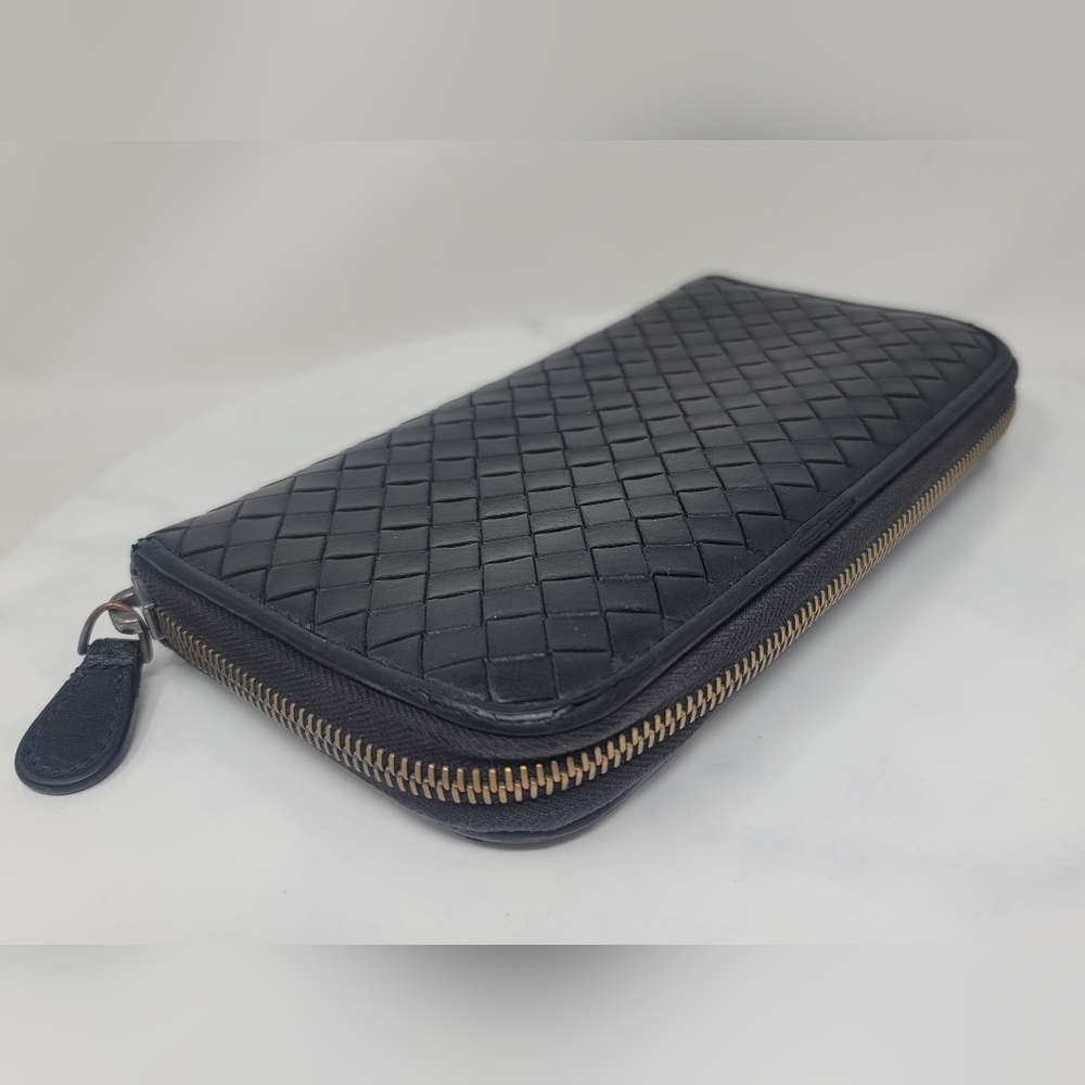 Bottega Veneta Black Soft Woven Leather Zip Around Long Wallet Handmade in Italy